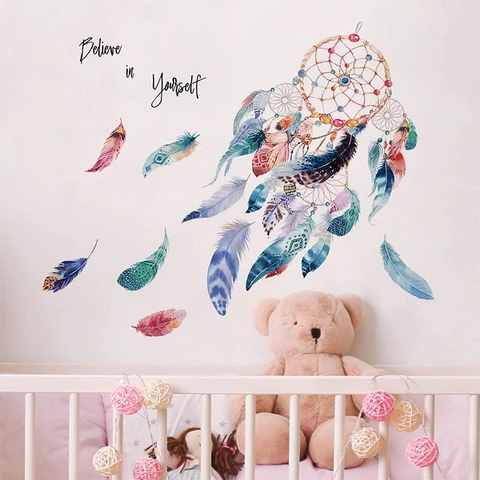 Stickers Muraux Attrape-rêves Aquarelle Plume Autocollant PVC Amovible Citation Believe In Yourself Pour Décoration Maison