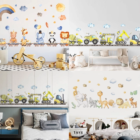 Pegatinas de Pared Tren Animales y Vehículos de Construcción Acuarela para Habitación de Niños Guardería Calcomanía de Pared de PVC