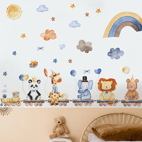 Pegatinas de Pared Tren Animales y Vehículos de Construcción Acuarela para Habitación de Niños Guardería Calcomanía de Pared de PVC