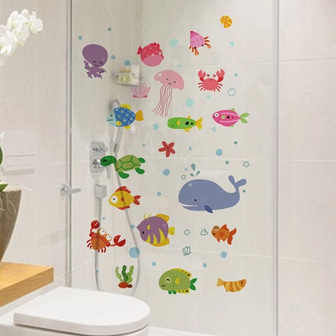 Cartoon Underwater World Whale Jellyfish Wall Stickers Waterproof Removable PVC Marine Life Decals For Bathroom Bathtub Decor