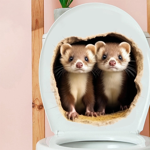3D Frettchen Tier WC Aufkleber PVC Wasserdicht Abnehmbar Wandtattoo Für Badezimmer Home Decor Lebendige Tiere Peeking Wandbild