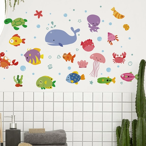 Cartoon Underwater World Whale Jellyfish Wall Stickers Waterproof Removable PVC Marine Life Decals For Bathroom Bathtub Decor
