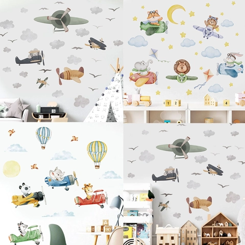 Pegatina de Pared de PVC de Avión de Dibujos Animados Piloto de Animales Acuarela Globo Calcomanías Extraíbles para Niños