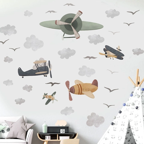 Pegatina de Pared de PVC de Avión de Dibujos Animados Piloto de Animales Acuarela Globo Calcomanías Extraíbles para Niños