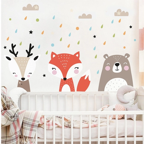 Cartoon Forest Animal Wall Stickers PVC Fox Bear Deer Wall Decals For Kids Room Nursery Bedroom Home Decor Wall Mural