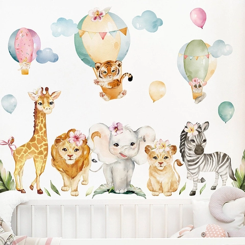 Pegatinas de Pared de Animales de la Selva en Acuarela León Elefante Jirafa Globo Aerostático Calcomanías PVC para Niños