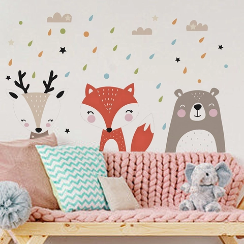 Cartoon Forest Animal Wall Stickers PVC Fox Bear Deer Wall Decals For Kids Room Nursery Bedroom Home Decor Wall Mural