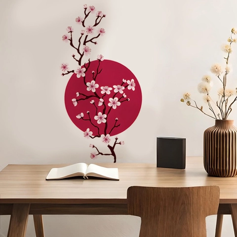 Japanese Style Pink Cherry Blossom Wall Sticker With Red Sun Removable PVC Floral Decal For Living Room Home Decor