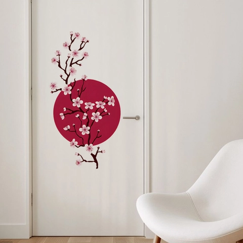 Japanese Style Pink Cherry Blossom Wall Sticker With Red Sun Removable PVC Floral Decal For Living Room Home Decor