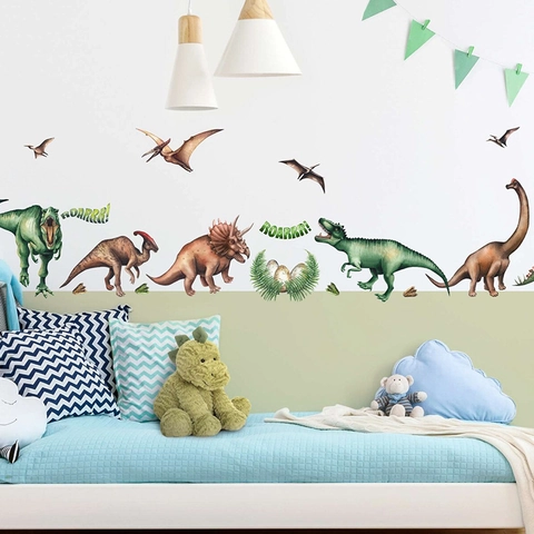 Cartoon Dinosaur Wall Stickers For Kids Room Decor Waterproof PVC Watercolor Dino Egg Nursery Wall Decals For Bedroom Decoration