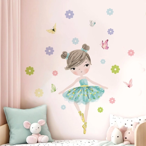 Cartoon Ballettmädchen Wandaufkleber PVC Aquarell Blumen Schmetterlinge Wandtattoo Für Kinderzimmer Schlafzimmer Deko