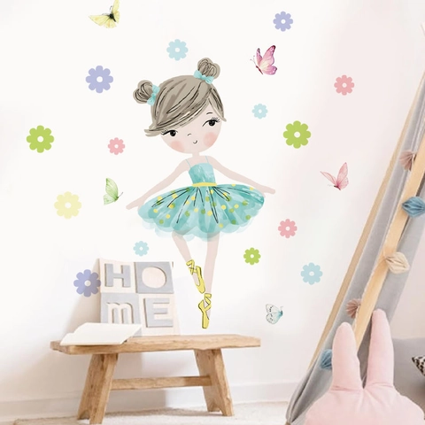 Cartoon Ballettmädchen Wandaufkleber PVC Aquarell Blumen Schmetterlinge Wandtattoo Für Kinderzimmer Schlafzimmer Deko