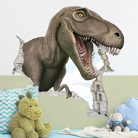 3D Dinosaur Breaking Through Wall Sticker PVC Realistic Animal Wall Decal For Kids Room Living Room Bedroom Home Decor
