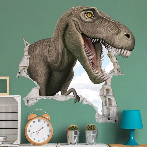 3D Dinosaur Breaking Through Wall Sticker PVC Realistic Animal Wall Decal For Kids Room Living Room Bedroom Home Decor