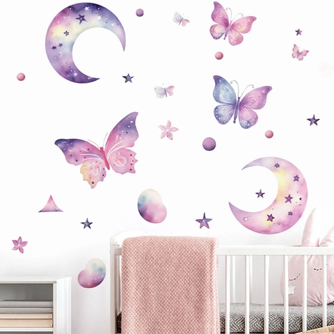 Watercolor Pink Purple Butterfly Moon Wall Sticker Removable PVC Decal For Kids Girls Bedroom Nursery Home Decoration