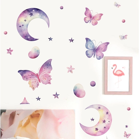 Watercolor Pink Purple Butterfly Moon Wall Sticker Removable PVC Decal For Kids Girls Bedroom Nursery Home Decoration