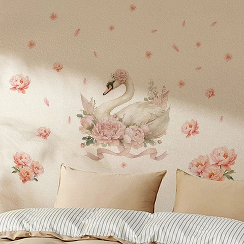 Aquarell Schwan Pfingstrose Blume Wandtattoo Abnehmbares PVC DIY Wandbild Für Kinderzimmer Babyzimmer Home Dekor Kunst Aufkleber