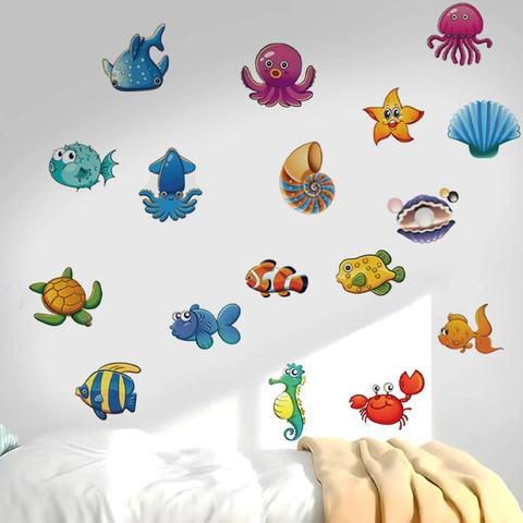 Cartoon Meerestiere Badezimmer Wandaufkleber PVC Wasserdicht Schildkröte Oktopus Fisch Aufkleber Für Kinderzimmer Badewanne Dekor