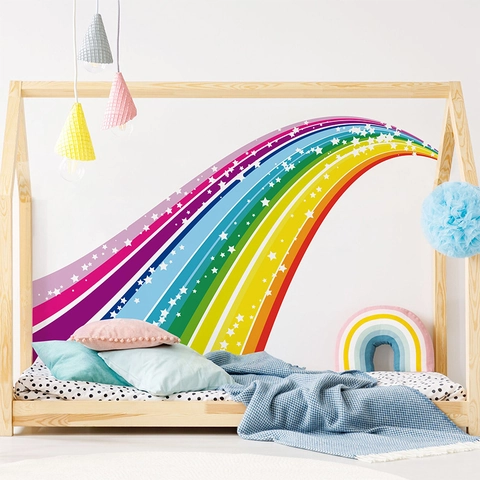 Grande Adesivo da Parete Cartone Animato Arcobaleno Stella PVC Rimovibile Autoadesivo Decalcomania per Camera Bambini Letto Decorazione Casa