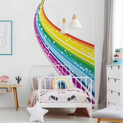 Grande Adesivo da Parete Cartone Animato Arcobaleno Stella PVC Rimovibile Autoadesivo Decalcomania per Camera Bambini Letto Decorazione Casa