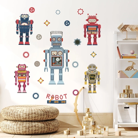 Cartoon Roboter Wandaufkleber Bunte Retro Zahnrad PVC Abnehmbare Wandtattoos Für Kinderzimmer Schlafzimmer Deko