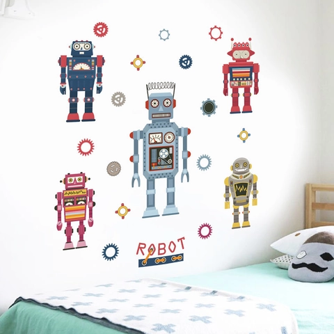 Cartoon Roboter Wandaufkleber Bunte Retro Zahnrad PVC Abnehmbare Wandtattoos Für Kinderzimmer Schlafzimmer Deko