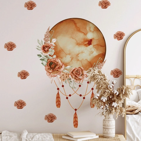 Bohemian Watercolor Moon Star Wall Decals Rose Dreamcatcher Feather Wall Stickers For Bedroom Nursery DIY PVC Art Mural