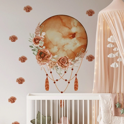 Bohemian Watercolor Moon Star Wall Decals Rose Dreamcatcher Feather Wall Stickers For Bedroom Nursery DIY PVC Art Mural