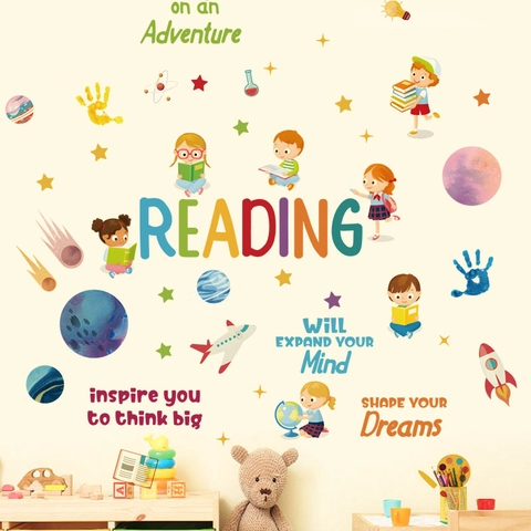 Kids Reading Theme Space Planet Wall Sticker Educational PVC Decal For Children Bedroom Nursery Library Study Wall Decor