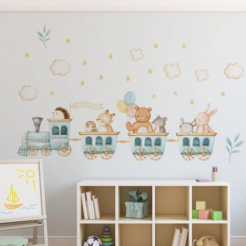 Cartoon Tier Zug Wandtattoo Aquarell PVC Aufkleber Für Kinderzimmer Babyzimmer Schlafzimmer Home Decor Wandbild