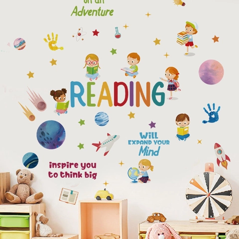 Kids Reading Theme Space Planet Wall Sticker Educational PVC Decal For Children Bedroom Nursery Library Study Wall Decor