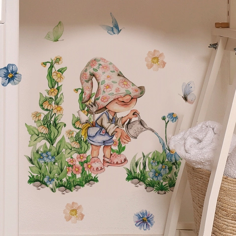 Cartoon Garten Gnom Wandtattoo Aquarell Blume Schmetterling Abnehmbare PVC Aufkleber Für Wohnzimmer Schlafzimmer Wand Deko