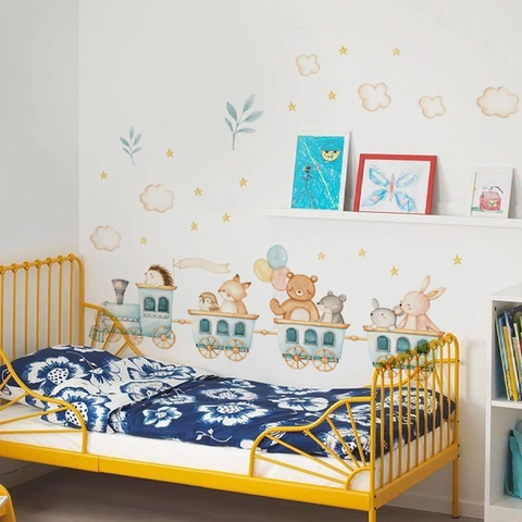 Cartoon Tier Zug Wandtattoo Aquarell PVC Aufkleber Für Kinderzimmer Babyzimmer Schlafzimmer Home Decor Wandbild