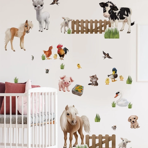 Watercolor Farm Animal Wall Stickers For Kids Nursery Bedroom Cartoon Cow Horse Pig Sheep Wall Decals Home Decor