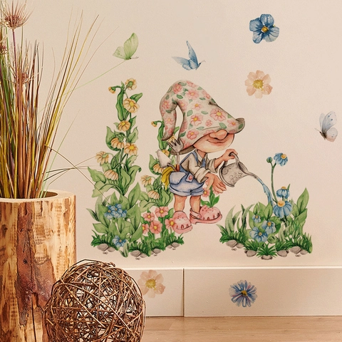 Cartoon Garten Gnom Wandtattoo Aquarell Blume Schmetterling Abnehmbare PVC Aufkleber Für Wohnzimmer Schlafzimmer Wand Deko