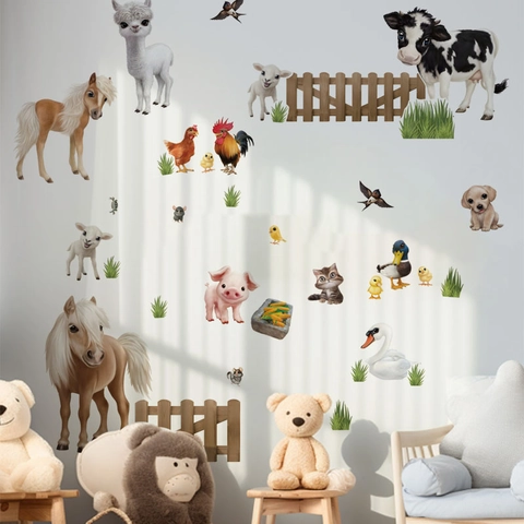 Watercolor Farm Animal Wall Stickers For Kids Nursery Bedroom Cartoon Cow Horse Pig Sheep Wall Decals Home Decor