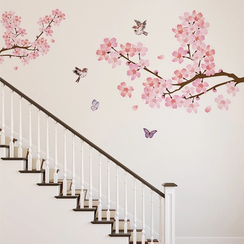 Rosa Kirschblüte Wandtattoo Abnehmbare PVC Blume Vogel Schmetterling Wandbild Aufkleber Für Wohnzimmer Schlafzimmer Dekoration