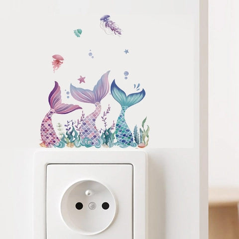 Cartoon Mermaid Tail Ocean Switch Wall Sticker Watercolor PVC Removable Socket Decal For Kids Room Bathroom Home Decoration