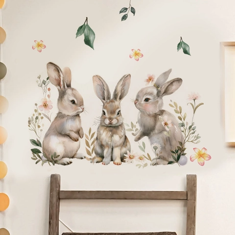 Watercolor Easter Rabbit Bunny Wildflower Wall Stickers PVC Removable DIY Wall Decals For Kids Room Nursery Home Decor