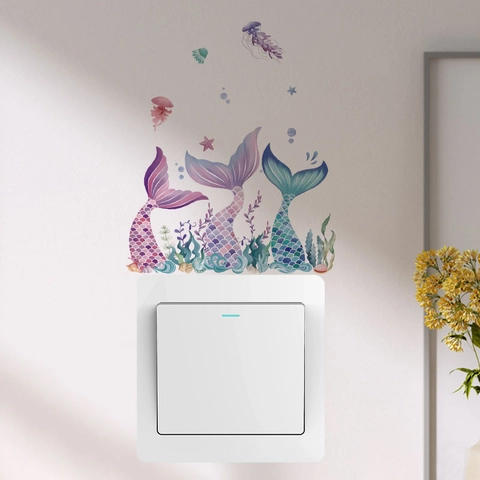 Cartoon Mermaid Tail Ocean Switch Wall Sticker Watercolor PVC Removable Socket Decal For Kids Room Bathroom Home Decoration