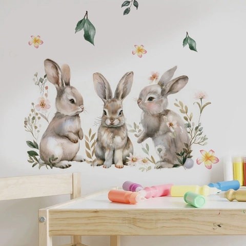 Watercolor Easter Rabbit Bunny Wildflower Wall Stickers PVC Removable DIY Wall Decals For Kids Room Nursery Home Decor