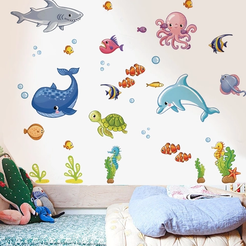 Cartoon Meerestiere Wandtattoo Hai Wal Delphin Wandaufkleber Wasserdicht PVC Aufkleber Für Kinderzimmer Badezimmer Deko Haus Dekoration