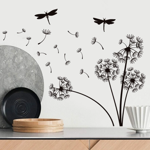 Zwarte Paardenbloem Libel Muurstickers Verwijderbare PVC Wanddecoratie Voor Woonkamer Slaapkamer Moderne Home Decor Kunst
