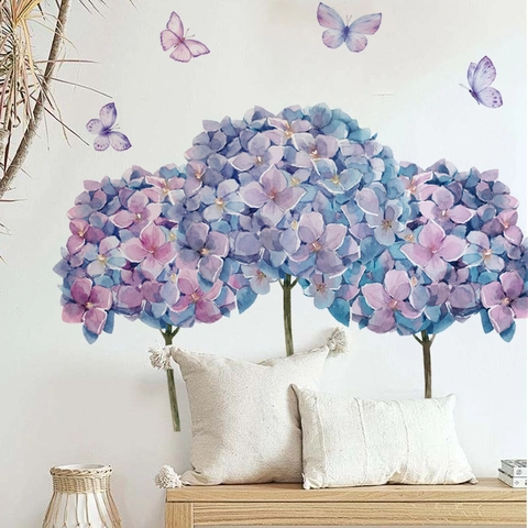 Adesivo da Parete Farfalla Ortensia Viola PVC Autoadesivo Acquerello Floreale Decalcomania per Soggiorno Camera da Letto