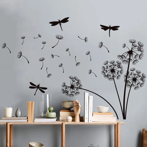 Zwarte Paardenbloem Libel Muurstickers Verwijderbare PVC Wanddecoratie Voor Woonkamer Slaapkamer Moderne Home Decor Kunst