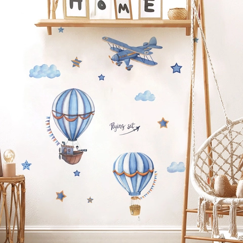 Stickers Muraux Dessin Animé Aquarelle Montgolfière Avion pour Chambre d'Enfant PVC Décoratif Amovible