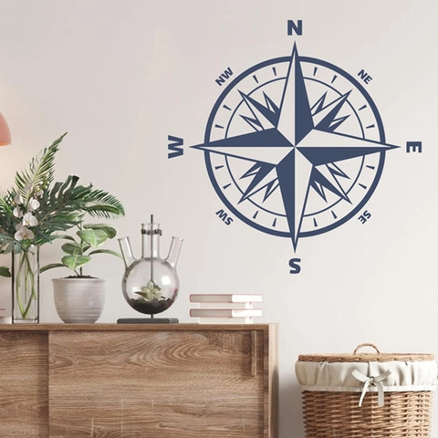 Vinilo Decorativo Rosa de los Vientos Náutico Azul Marino PVC Impermeable Brújula Señal de Dirección para Decoración de Salón