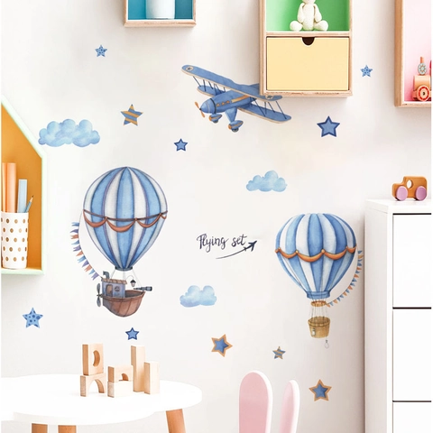 Stickers Muraux Dessin Animé Aquarelle Montgolfière Avion pour Chambre d'Enfant PVC Décoratif Amovible