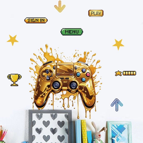 Golden Gamepad Wall Sticker Esports Gaming Controller Decal For Boys Room Bedroom Game Room Home Decoration PVC Sticker