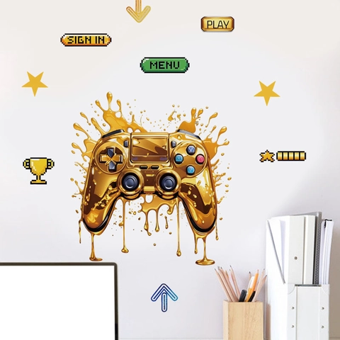 Golden Gamepad Wall Sticker Esports Gaming Controller Decal For Boys Room Bedroom Game Room Home Decoration PVC Sticker